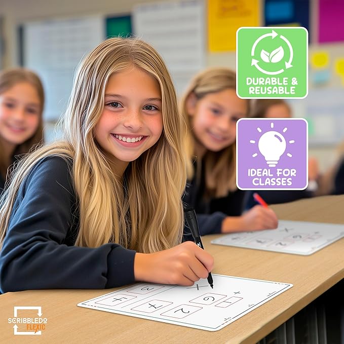 SCRIBBLEDO Multiplication Practice 9"x12" Small White Board Dry Erase Sheets Math Manipulatives 3rd Grade Times Table Supplies for Teacher Students Classroom Pack of 10 Sheets