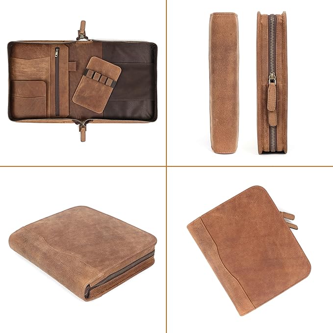 ELIZO Leather A5 Portfolio Padfolio Folio A5 Notebook Journal Cover Planner Binder Small Mens Business Work Folder Organizer (Saddle)