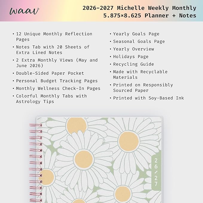 Blue Sky WAAV 2026-2027 Weekly and Monthly Academic Year Planner Calendar, July 2026 - June 2027, 5.875" x 8.625", Flexible Cover, Wirebound, Laminated Tabs, Storage Pocket, Includes 20 Extra Notes Pages, Michelle
