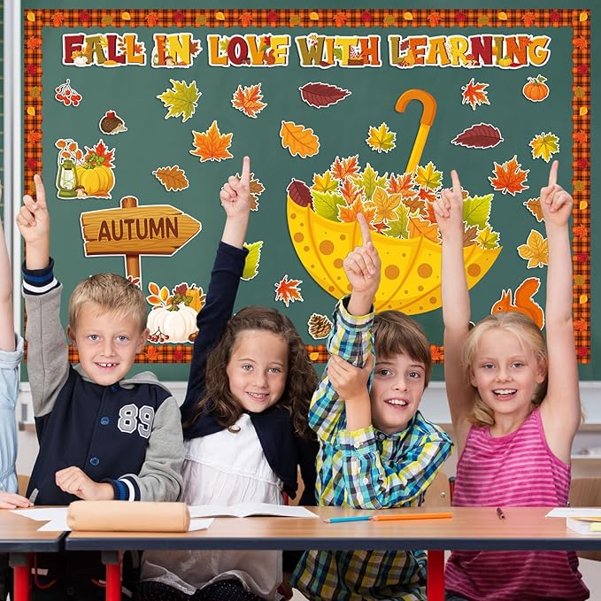 Qilery Fall in Love with Learning Bulletin Board Set Autumn Maple Leaves Pumpkin Cutouts Fall Theme Classroom Decorations for Thanksgiving School Home Chalkboard Wall Decor Supplies