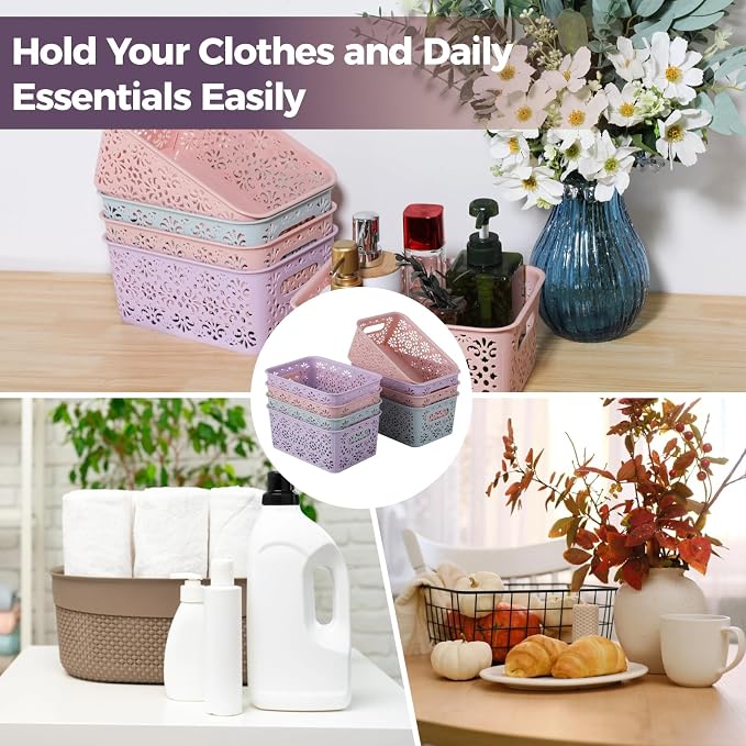 8 PCS Plastic Storage Baskets, Bathroom Basket Organizers with Handle, Portable Hollow Storage Baskets, Stackable Bins for Home Bathroom Office School Flower Pattern