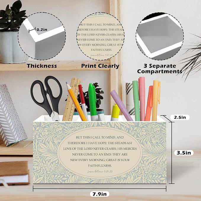 Christian Bible Verse Floral Pen Holder, Christian Gifts Office Pen Pencil Holder Organizer for Desk Accessories, Cottagecore Botanical Wooden Box Desk Decor for Home Office Desk Decorations