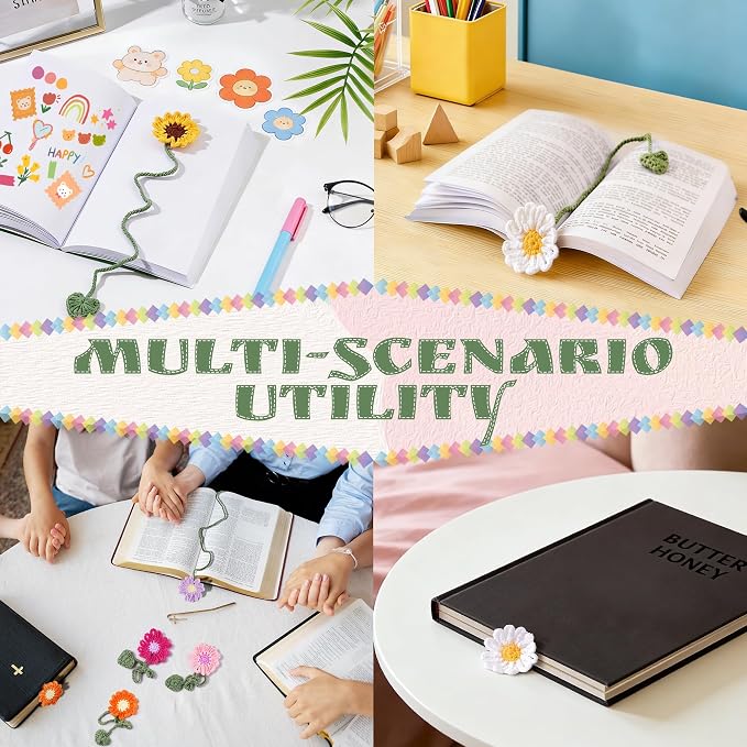 12 Packs Personalized Flower Crochet Bookmarks,Daisy Sunflower Book Marker Appreciation Gifts for Teacher Reading Women Colourful Flower Book Tabs Supplies Bulk for Book Lovers Office Classroom Gifts