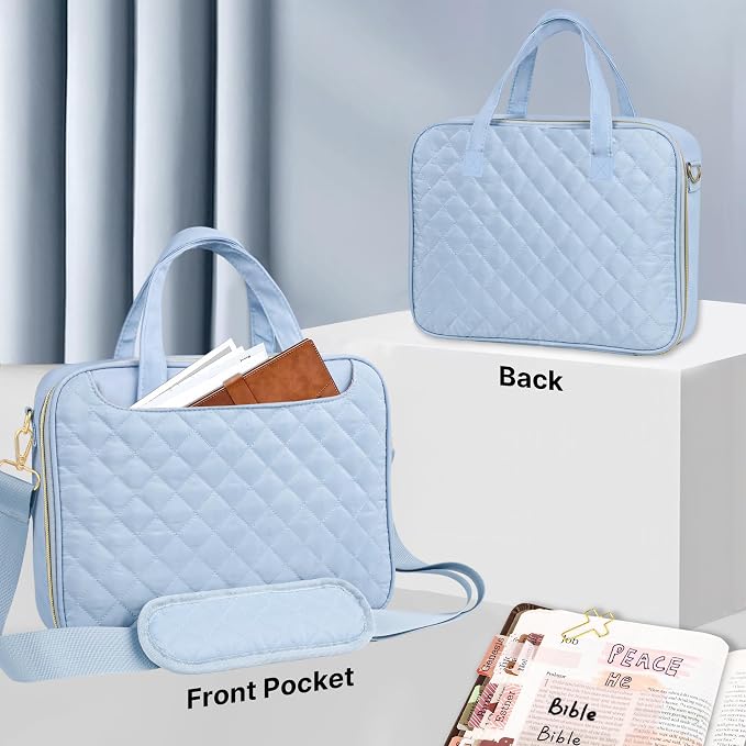 PUGPIU Bible Cover Case for Women, Large Quilted Bible Bag with Shoulder Strap and Handle, Bible Study Supplies Journaling Kit with Highlighters Pens No Bleed Tabs Notebook Cross Clips (Light Blue)
