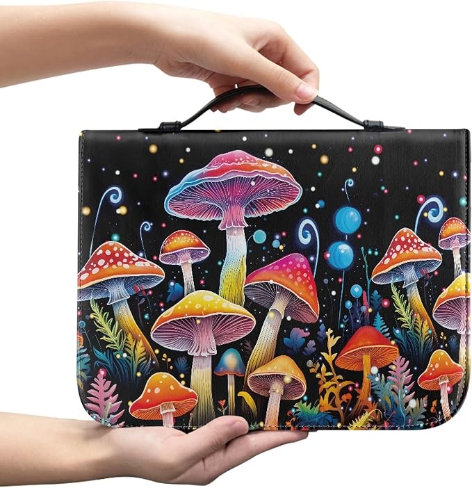 Colorful Mushrooms Bible Cover with Durable Handle,Bible Case for Women Girls,Bibl e Carrying Case Bibles Journaling Supplies for Bible Cover-Size 2XL