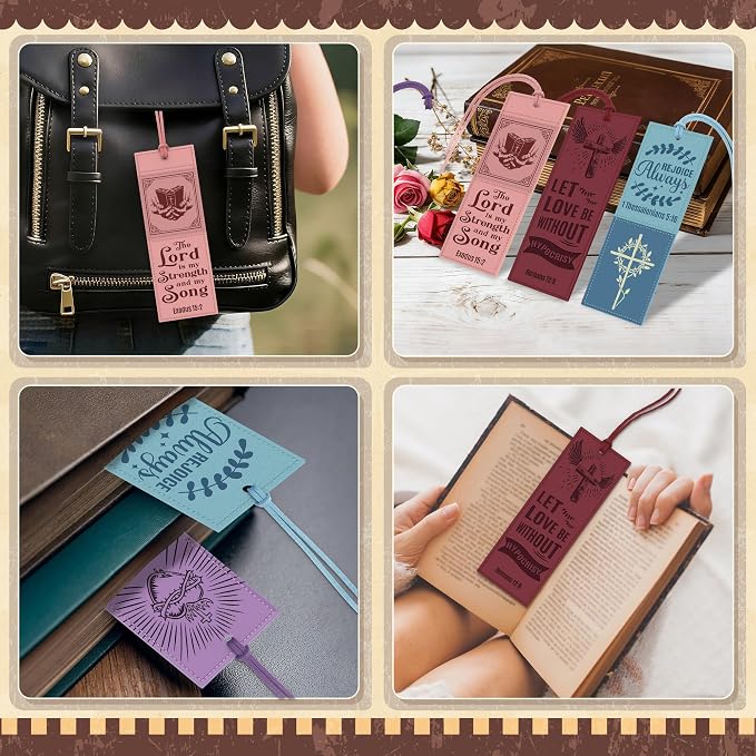 8PCS Leather Bookmark Bible Bookmarks for Reading Women Men Teacher Book Lovers Gifts, Vintage Religious Christian Bookmark Page Markers Inspirational Bible Verse Scripture Book Marks (Morandi)