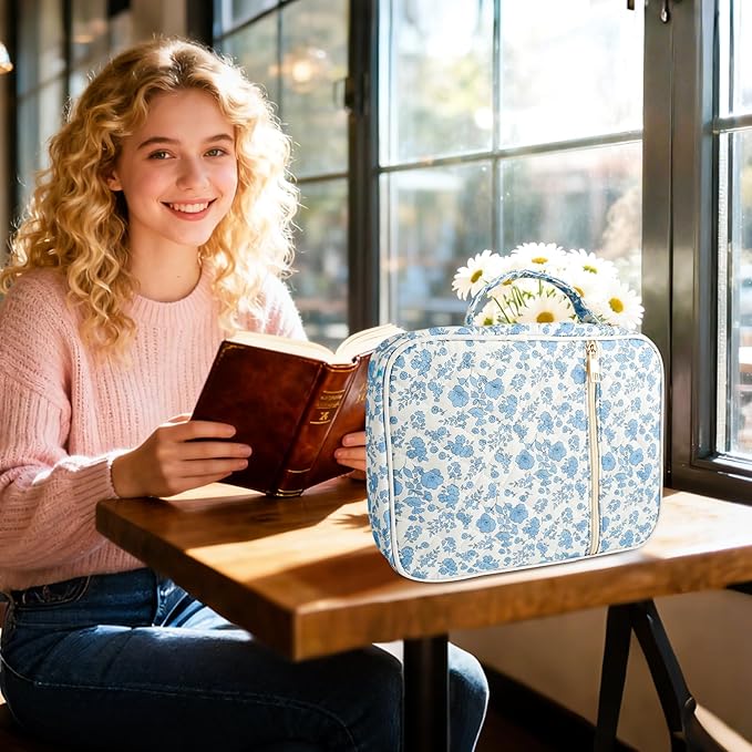 Zkptops Bible Cover Case for Women Girls Large Bible Bag Blue Cotton Quilted Floral Bible Carrying Case with Zipper Pocket and Handle Carrying Book Cover for Christian Study Supplies Christian Gift