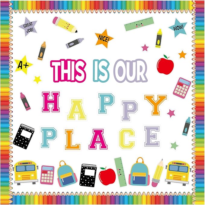 Mooliwe This is Our Happy Place Classroom Decor Welcome Back to School Bulletin Board Set DIY Paper Die Cuts Decorating Supplies for First Day of School Craft Classroom Wall Decor