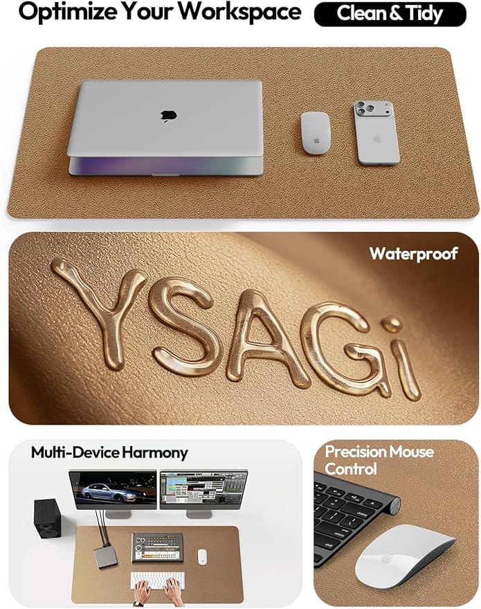 YSAGi Leather Desk Pad Protector, Office Desk Mat, Large Mouse Pad, Non-Slip PU Leather Desk Blotter, Laptop Desk Pad, Waterproof Desk Writing Pad for Office and Home (Shiny Bronze,55" x 24")
