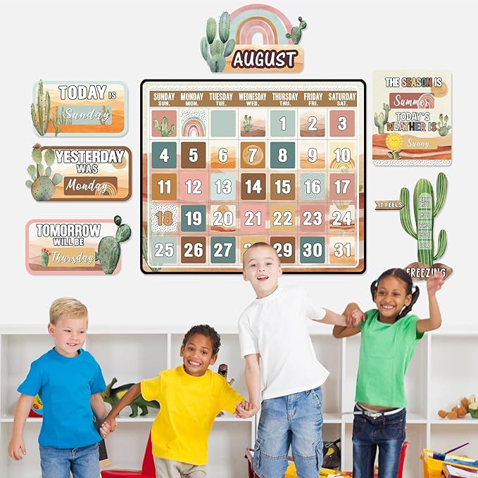 Cholemy 85 Pcs Calendar Bulletin Board Set Classroom Calendar Bulletin Board with Numbers Month Weather Classroom Decoration Wall Decor for Chalkboard Back to School Supplies(Boho Desert)