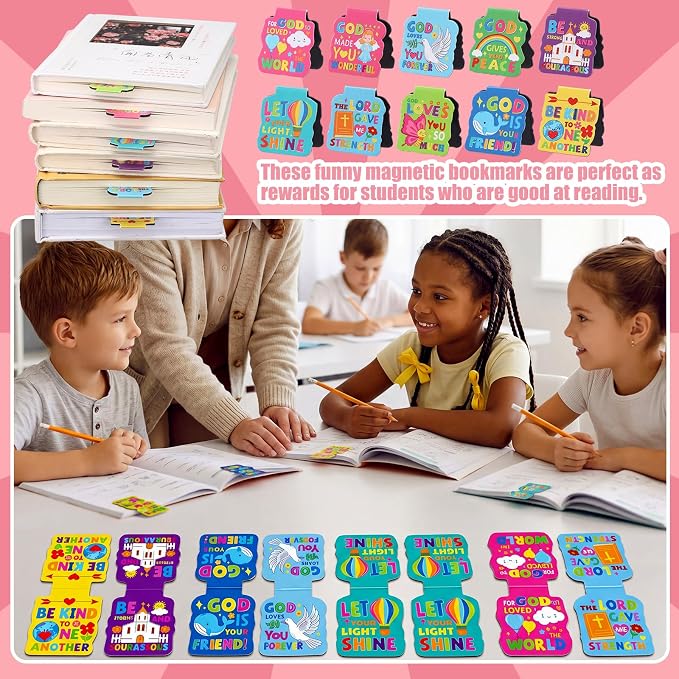 Resurhang 100 Pcs Bible Verses Magnetic Book Marks for Kids Motivational Magnet Religious Bookmark in 10 Designs 1.38 Inches Back to School Gifts for Teachers Students and Books Lover Gifts