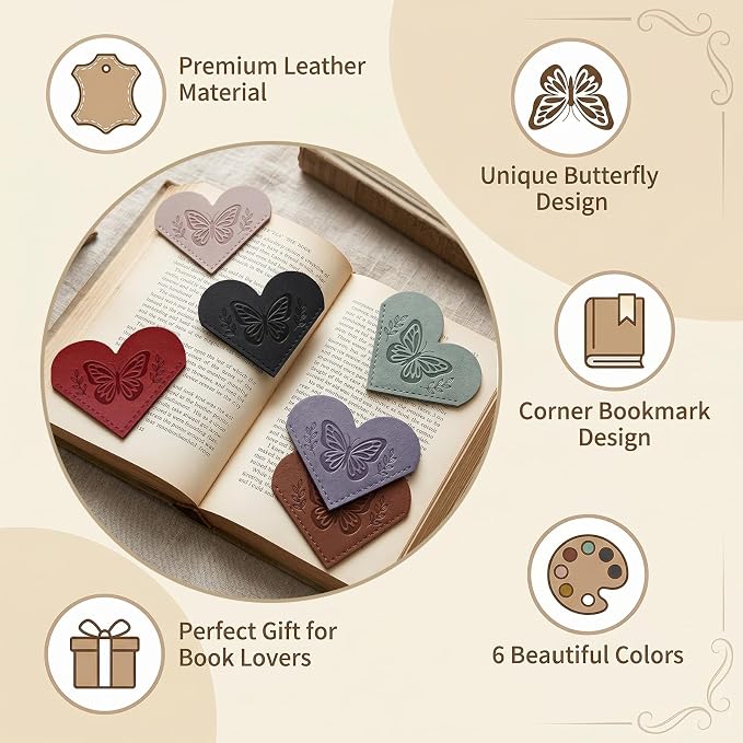 Leather Heart Bookmarks for Women - 6 Pcs Butterfly Embossed Corner Page Bookmarks, Cute Book Marks Gift for Book Lovers Teachers Students, Butterfly Gifts for Women Reading Accessories