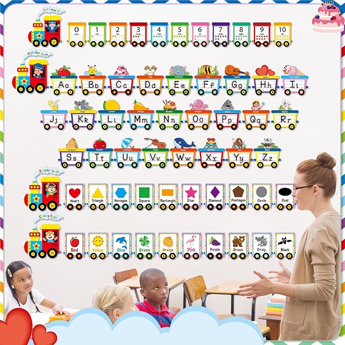 Train Alphabet Number for Classroom Wall Train Shaped Bulletin Board Manuscript Educational Cards ABC Letters Numbers Shapes Colors Poster for Preschool Elementary Early Learning Decor