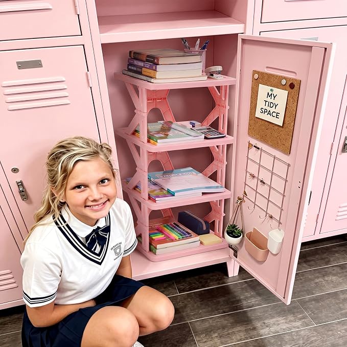 Lineshading 4 Tier Foldable Locker Organizer Shelf Foldable Storage Shelves Locker for School, Office, Gym Lockers, Dorm Room, Multi-Layer Shoe Gear Tower, Heavy-Duty No-Tool Portable Shelf(Pink)