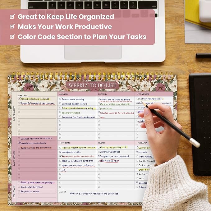 Weekly To Do List Notepad with 52 Undated Sheets(8.5"×11")- Undated Weekly Planner Notepad for Office Desk Accessories and Supplies - Mauve Muse