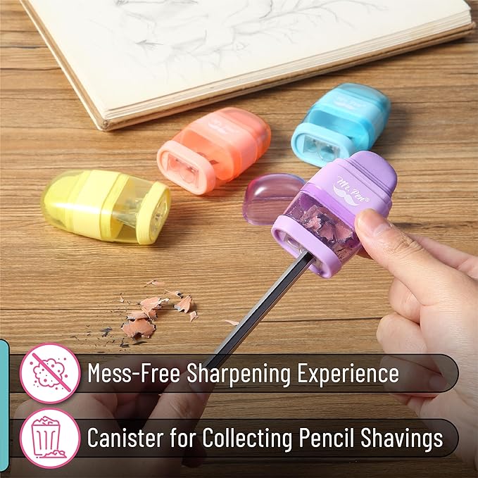 Mr. Pen- Pencil Sharpener & Eraser, 4 Pack, 2-in-1 Manual Sharpeners with Canister, 2 Sharpening Holes for Standard & Jumbo Pencils, Colorful Dual Hole Design for School, Office, Home, Kids