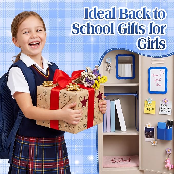 Colarr 16 Pcs Dark Blue Locker Accessories for Girls Includes Magnetic Whiteboard & Mirror Locker Shelf Pen Holder 2 Dry Erase Marker & Eraser 9 Flowers for Back to School Essentials Decoration