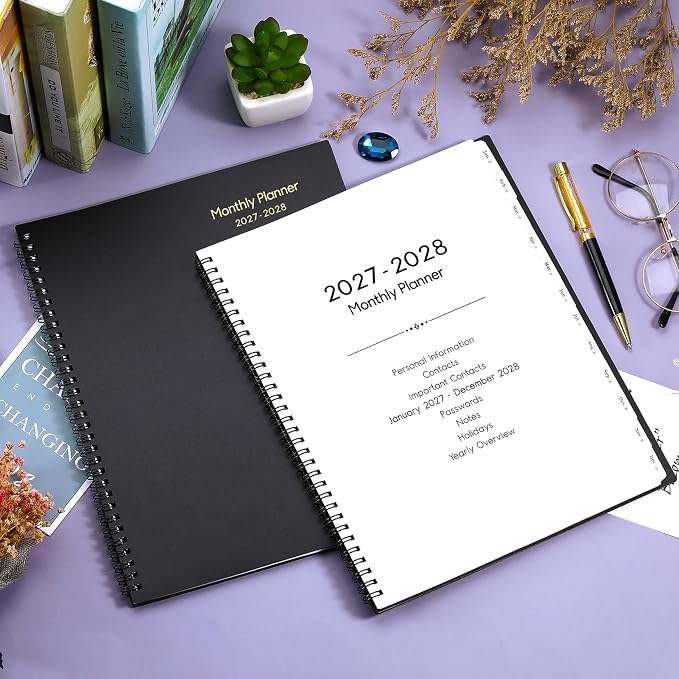 2027-2028 Monthly Planner - 2 Year Planner 2027-2028, JAN 2027 - DEC 2028, 9" x 11", 2 Year Calendar 27-28 Monthly Planner with Tabs, Pocket, Label, Contacts - Black