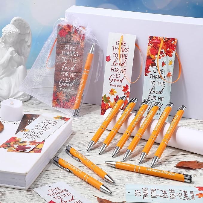 Dispowreath 24 Pcs/ 12 Sets Christian Thanksgiving Gifts Bulk, Include 12 Give Thanks Pen 12 Psalm 136: 1 Fall Religious Bible Verse Bookmarks Church Autumn Exchange Gifts for Party Favors