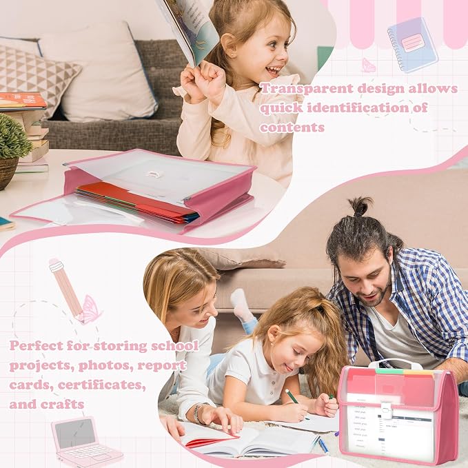 School Years Organizer Kit Clear Plastic Storage Tote with 20 Letter Size Colored Manila Folders 60 Reusable Sticker Labels School Memory Keepsake Box for Pre K to 12th Grade DIY Organization (Pink)
