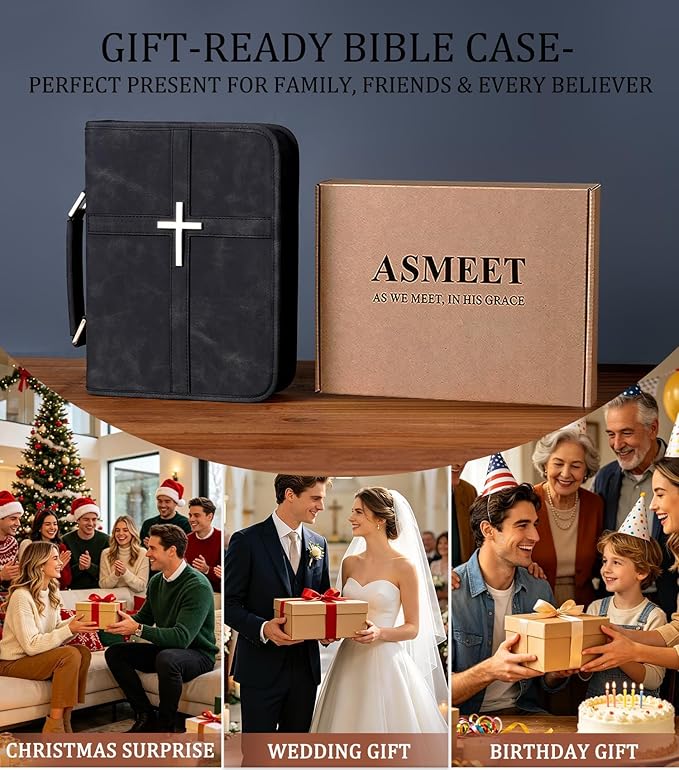 Vegan Leather Bible Cover for Men & Women, Bible Case with Gift Box, Christian Catholic Religious Bible Gifts (Black)