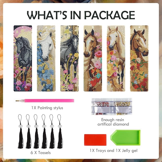 Diamond Painting Art Bookmarks - 6 PCS DIY Horse Flower Diamond Painting Kits by Numbers Farmhouse Art Craft Mothers Day Birthday Graduation Gift for Beginner Horse Lover Students Teachers