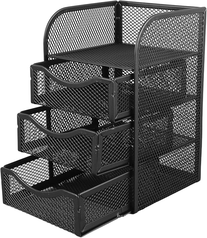 Desk Organizer with 3 Drawers Metal Mesh Slip Desktop Organizer for Office Supplies Stationery Black Office Products Desk Accessories Organizers Desk Supplies Holders