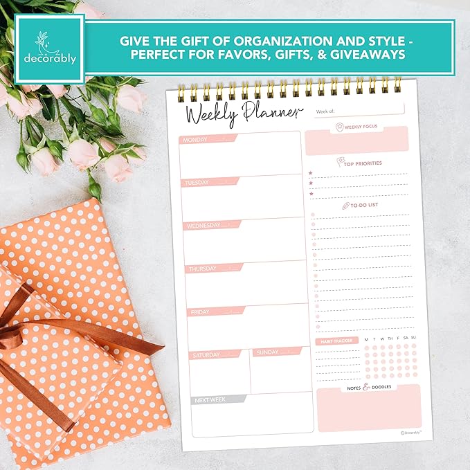 Decorably 52 Sheets Nude Pink Undated Weekly Planner Notepad Tear Off, 6.5x10in Spring-Bound Design, With Focus, Priorities, To Do List, Habit Tracker, Notes and Doodles - Home, School, Office