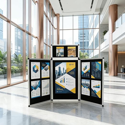 LITTLE TREE 3+1 Panel Trade Show Presentation Board, 70.8" x 35.4" Portable Panel Display, Folding 3 Panel Exhibition Boards Double Sided Tabletop Display Black Hook & Loop-Receptive Fabric with Bag