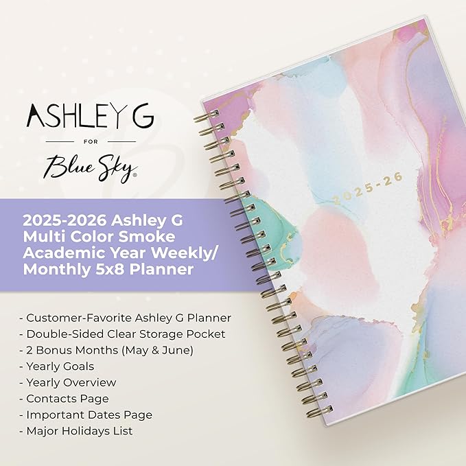 Blue Sky Ashley G 2025-2026 Weekly and Monthly Academic Year Planner Calendar, July 2025 - June 2026, 5" x 8", Flexible Cover, Wirebound, Laminated Tabs, Multi Color Smoke