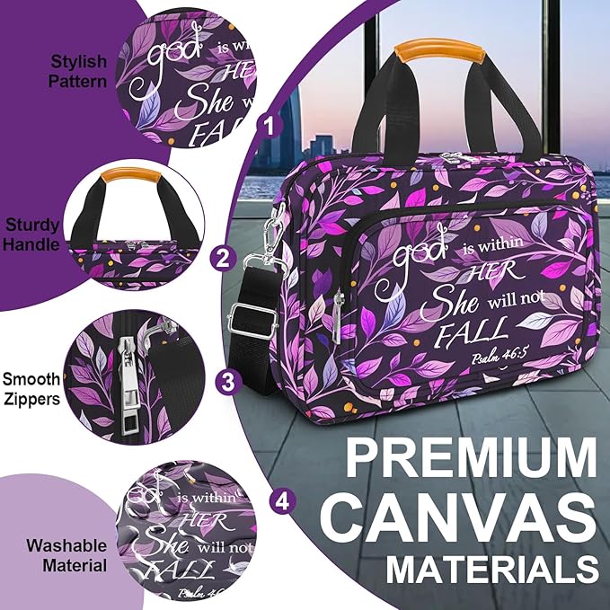 Bible Cover Case for Women,Bible Carrier,Bible Holder,Large Bible Bag for Women Organizer,God is Within Her She Will Not Fall,Bible Study Supplies Kit With Highlighters,Tabs,Pens,Christian Gift Purple