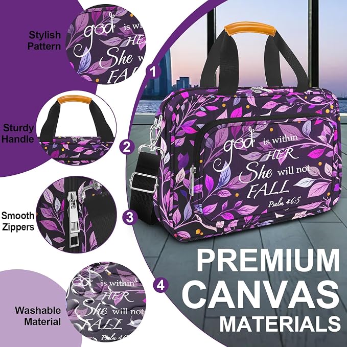 Bible Cover Case for Women,Bible Carrier,Bible Holder,Large Bible Bag for Women Organizer,God is Within Her She Will Not Fall,Bible Study Supplies Kit With Highlighters,Tabs,Pens,Christian Gift Purple