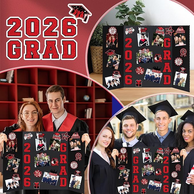 4 Set Graduation Photo Display Board, Class of 2026 Black Red Trifold Poster Board with Grad Pattern Stickers, Graduation Photo Props Collage for Multiple Pictures Party Decorations, 16x24 Inch