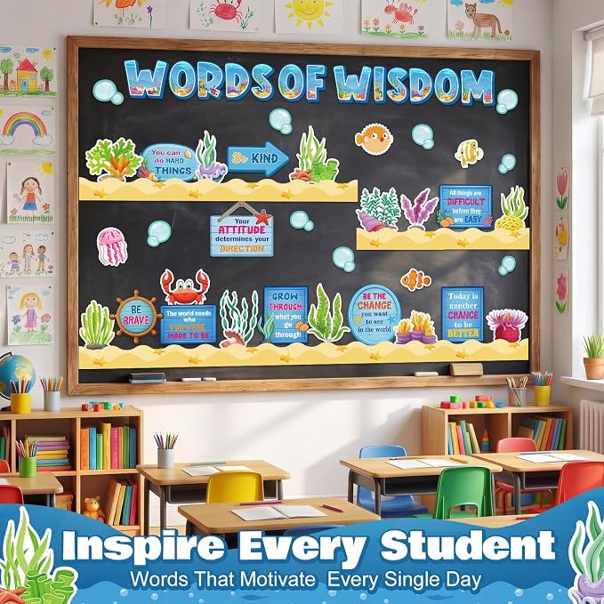 Qilery Ocean Theme Bulletin Board Set, Under the Sea Motivational Classroom Decor, Words of Wisdom Inspirational Cutouts, Back to School Teacher Supplies, Positive Affirmation Wall Decor