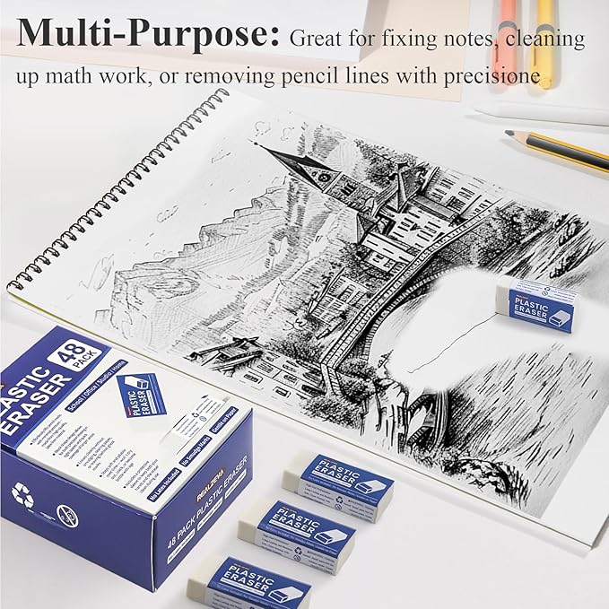 Realzeva White Vinyl Erasers for Pencils, White Plastic Eraser, 48-Pack Bulk Pencil Erasers for Classroom & School, Kids Classroom Must Haves & Back to School Supplies Eraser.