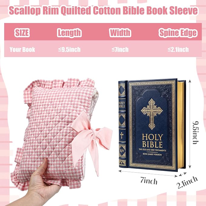 Honoson Quilted Bow Bible Sleeve Cover Case Padded Protector Washable Bible Bag Pouch Christian Gift for Women Girls Book Lover Gifts(Pink Gingham)