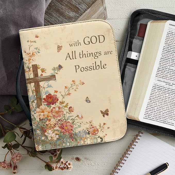 Vintage Style Floral and Cross Bible Case with Bookmark Waterproof Bible Cover Case for Women Lightweight Bible Bag with Handle Pockets Church Book Bag Beige