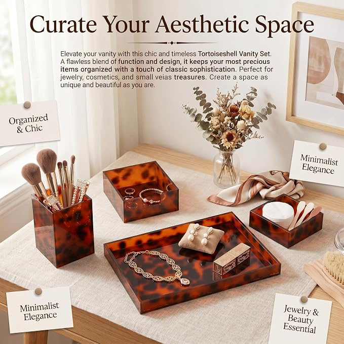 4 Pcs Tortoiseshell Desk Drawer Organizer Set Aesthetic Pen, Paperclip, Sticky Note Holder, Desk Rrganizer Tray for Office Home Supplies