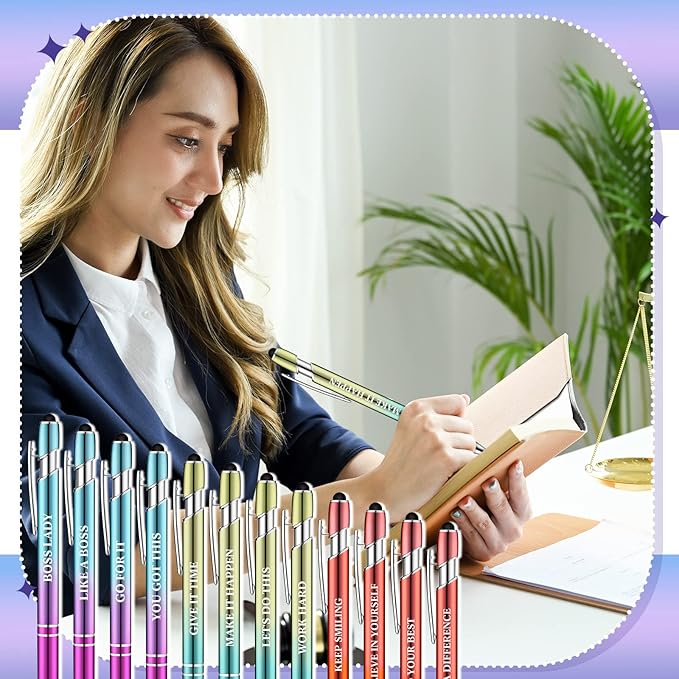 Zonon 12 Pcs Inspirational Pens Gift Set Funny Ballpoint Pen with Stylus Tip Motivational Graduation Gifts Bulk for Teacher Coworkers Nurse School Office Supplies(Plating Color,Motivational Style)