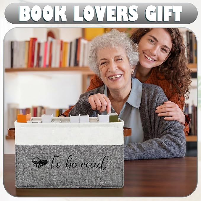 Marsui Book Lover Gifts TBR Book Storage Basket with Lids to Be Read List Storage Bin Bookish Accessories Bookworm Gift for Club Members Student Teacher Reading Accessories(White and Grey)