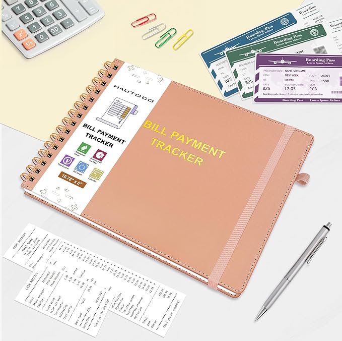 HAUTOCO Hardcover Bill Tracker Notebook Horizontal Monthly Bill Payment Organizer for Personal Budgeting Home Finance with 2 Storage Pocket Expense Checklist Tracking Planner 10.78 x 8'', Pink