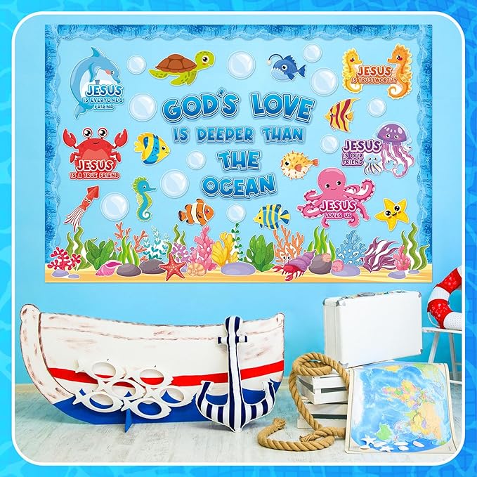 Dispowreath 74 Pcs Under the Sea Bulletin Board Set Jesus Christian Classroom Decoration Ocean Creatures Bulletin Board Cutouts for Religious Sea Animal Classroom Sunday School Decoration