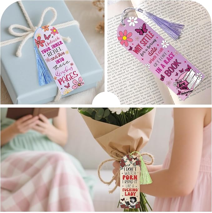 Dazoratix Dark Romance Acrylic Bookmarks - 60 Pcs Smut Blanks Bookmark Making Kit with Tassels Funny Spicy Clear Pink Bulk UV DTF Transfer Stickers for Book Lovers Women Girls Reading DIY Crafts Gifts