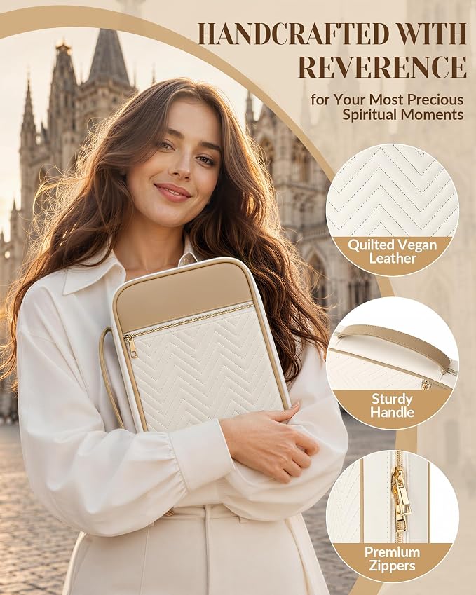 XKDOUS Quilted Leather Bible Cover Case for Women, Zippered Bible Carrying Bag with Study Supplies and Accessories, Waterproof Bible Organizer Holder for Church and Daily Use (White & Brown)