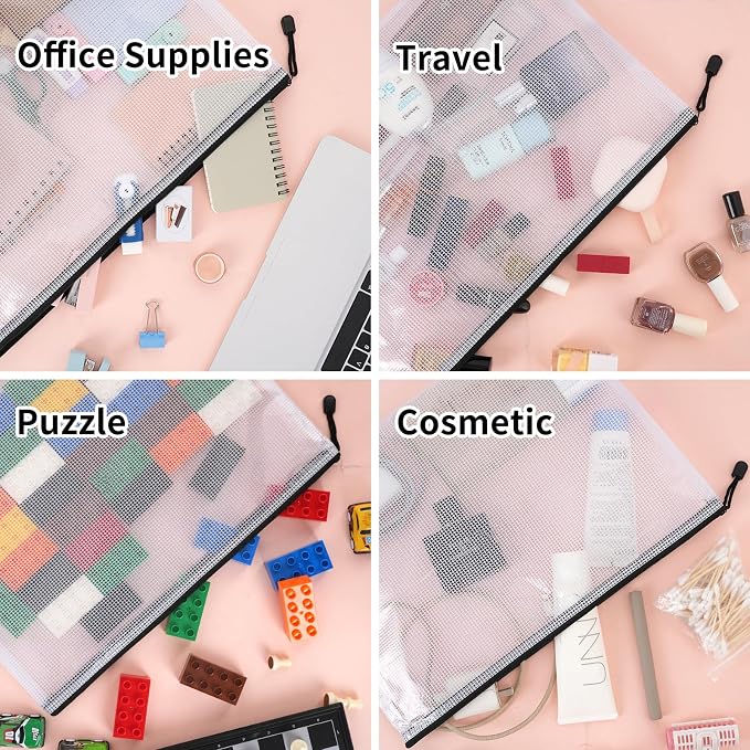 EOOUT 12pcs A3 Mesh Zipper Pouch Bags, Black Reusable Zipper Bags for Organizing Storage, Waterproof Puzzle Bag, Zipper Bags for Board Game Storage and School Office Supplies