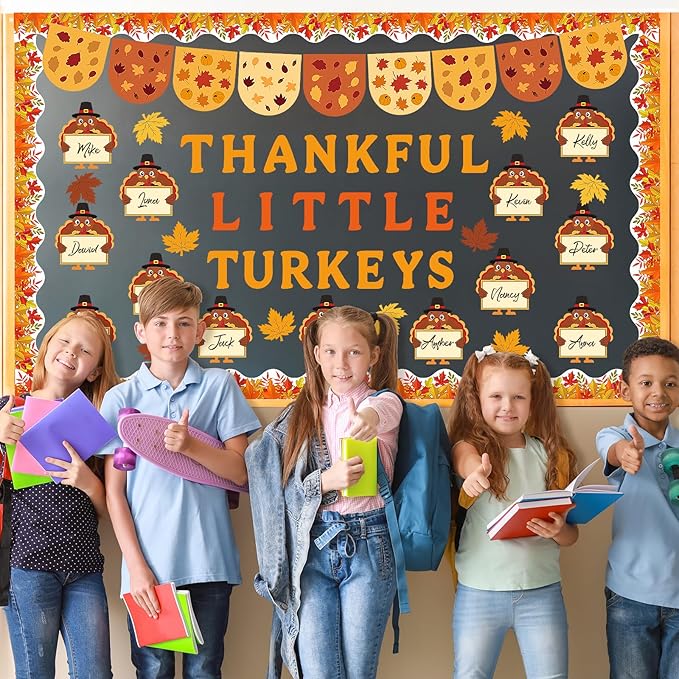Turkey Bulletin Board Decoration Set Thankful Little Turkeys Classroom Decoration DIY Printed Paper Turkey Maple Cutouts Thanksgiving Decor for Home Party School Fall Activities