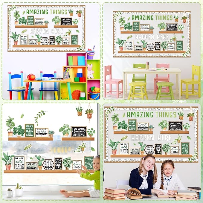 Spring Greenery Bookshelf Bulletin Board Motivational Quotes Potted Plant Cutouts Amazing Things Happen Here Classroom Bulletin Board Decoration for Back to School Chalkboard Wall Door Decorations