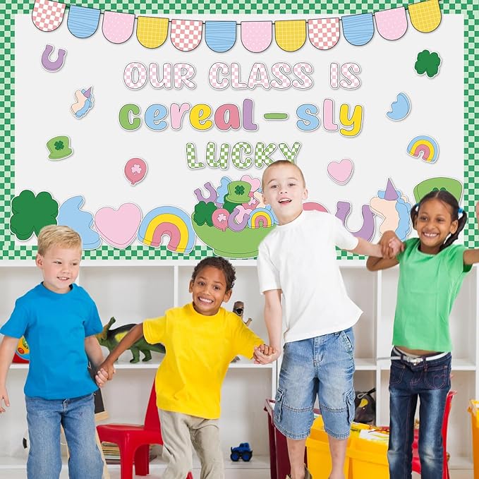 JarThenaAMCS St. Patrick' s Day Bulletin Board Decoration Lucky Charms Classroom Decoration Set Shamrock Clover Unicorn Paper Cutouts for School Classroom Chalkboard Wall Decor Irish Party Supplies
