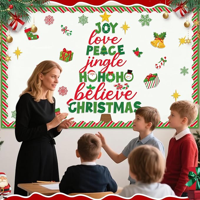 Funrous Christmas Bulletin Board Decoration Set Xmas Tree Classroom Decor Snowman Santa Claus Gnome Snowflake Cutout Winter Border Trim for Xmas Holiday Office Wall Door Supplies(Christmas Tree)