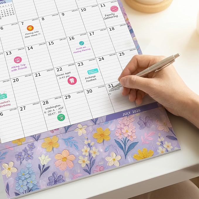 Ospelelf Wall Calendar 2026-2027 with Storage Pockets, 17" X 12" Monthly Large Planner Pad with Protective Cover and Stickers, for Family Fridge Office Teacher Student, Use July 2026 to December 2027 Artistic Floral